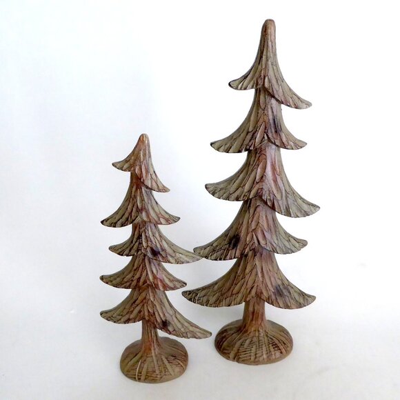 NEW 18” & 13.5” CARVED WOOD RUSTIC CHRISTMAS WINTER FOREST PINE TREE RESIN DECOR - Picture 1 of 8